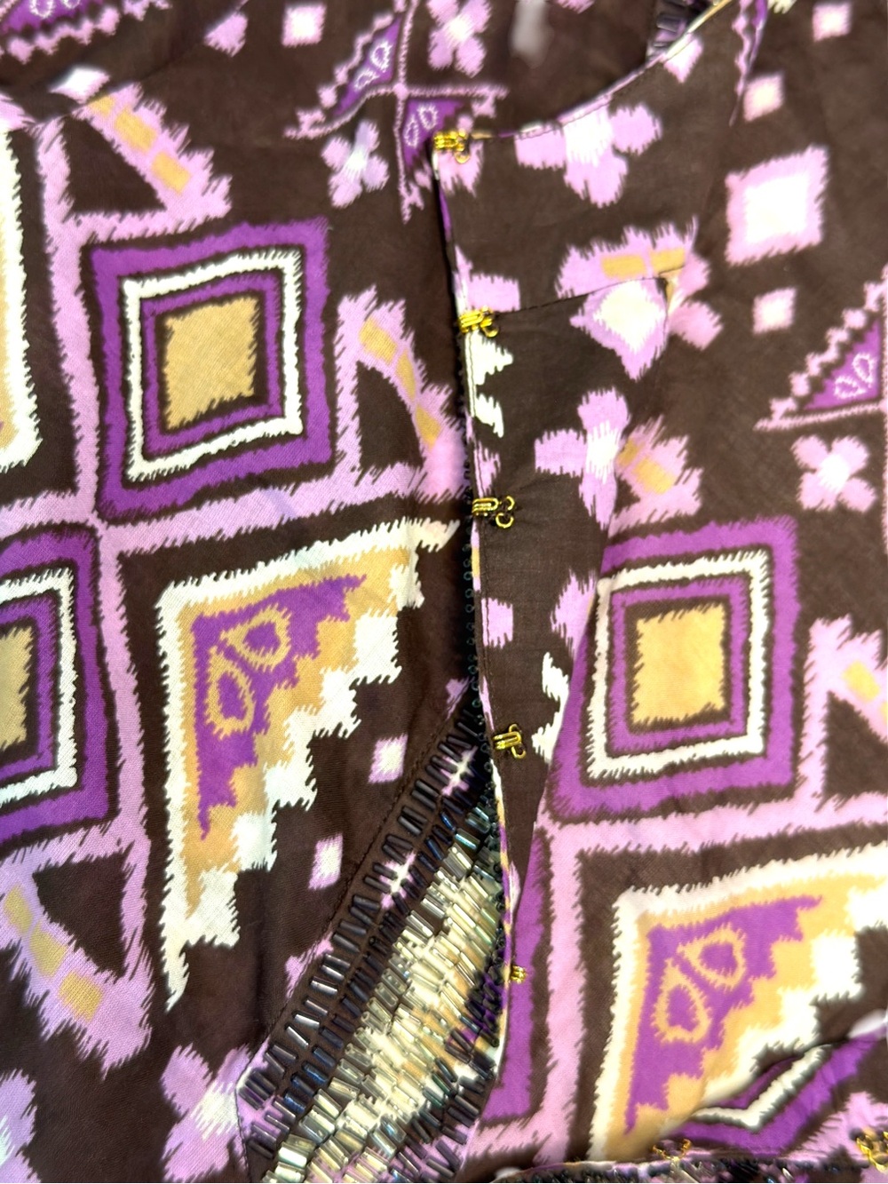 Tory Burch Printed Tunic Dress Purple Brown Geometric Embroidered Neck Size 4 - Picture 6 of 9